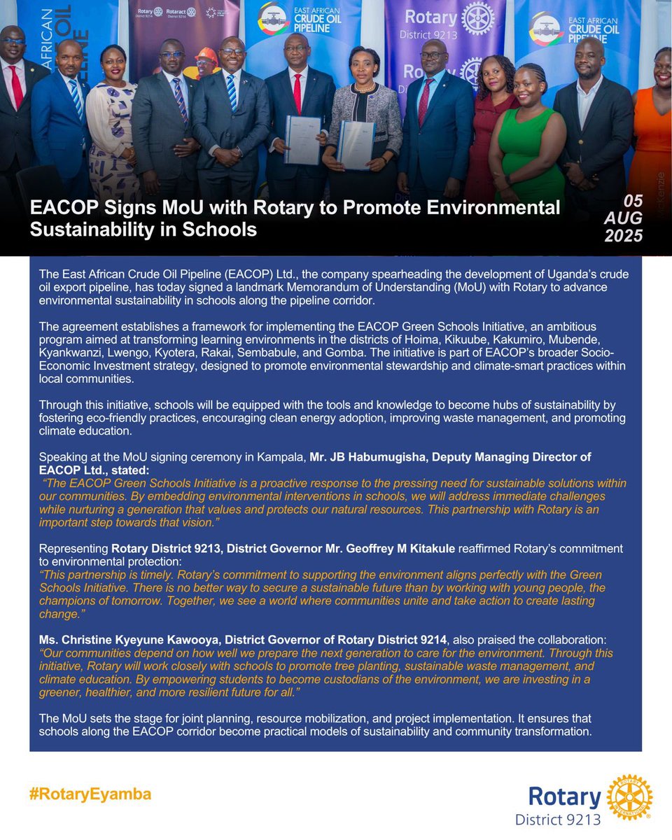 Rotary District 9213 (@rotaryd9213) on Twitter photo EACOP Ltd. and Rotary have partnered to promote environmental sustainability in schools.
The Green Schools Initiative will:
🌿 Plant trees & manage waste
⚡ Introduce clean energy
📘 Promote climate education
#RotaryEyamba
<a href="/EACOP_/">EACOP</a> <a href="/rotaryd9214/">RotaryDistrict9214</a> <a href="/GKitakule/">Geoffrey M. Kitakule</a> EACOP Ltd. and Rotary have partnered to promote environmental sustainability in schools.
The Green Schools Initiative will:
🌿 Plant trees & manage waste
⚡ Introduce clean energy
📘 Promote climate education
#RotaryEyamba
<a href="/EACOP_/">EACOP</a> <a href="/rotaryd9214/">RotaryDistrict9214</a> <a href="/GKitakule/">Geoffrey M. Kitakule</a>