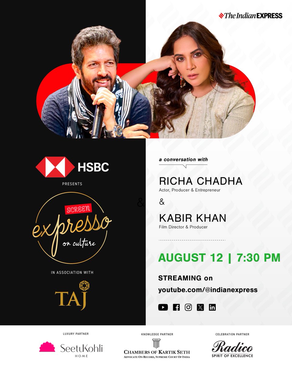 IndianExpress's tweet image. 🎥 What happens when two fearless voices from Indian cinema sit down for an unfiltered chat?

Find out at the 8th edition of #Expresso☕, as actor, producer &amp;amp; entrepreneur Richa Chadha and film director &amp;amp; producer Kabir Khan come together for a candid conversation on