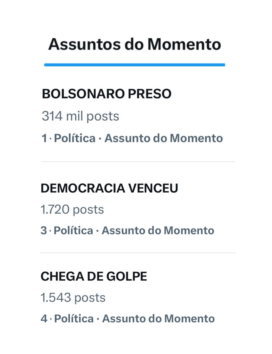 As tags do dia já estão no topo dos assuntos mais comentados do país. Comentem muito 🇧🇷👊🏽

DEMOCRACIA VENCEU
CHEGA DE GOLPE
BOLSONARO PRESO