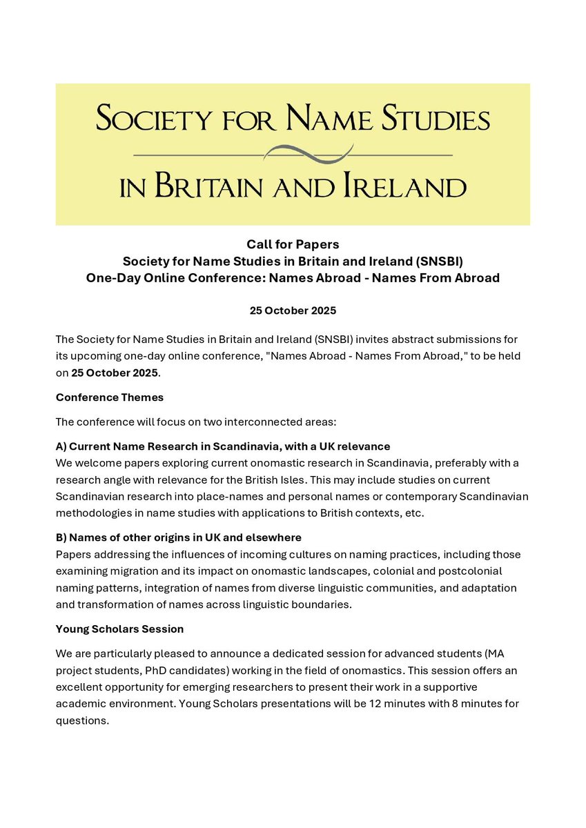 e-Onomastics: 📣 #CfP by #Society for #Name #Studies in #Britain and #Ireland (#SNSBI) e-onomastics.blogspot.com/2025/08/call-f… One-Day Online #Conference: “Names Abroad – Names From Abroad”
🗓️ Saturday, 25 October 2025
📍 Online via Zoom