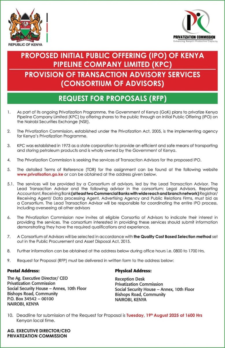 This is to notify the public that the  advert below did not originate from the Privatization Commission. Please disregard the contents thereof. 
We apologize for any inconvenience caused. For clarification reach us on 020 8696800 and info@privatisation.go.ke