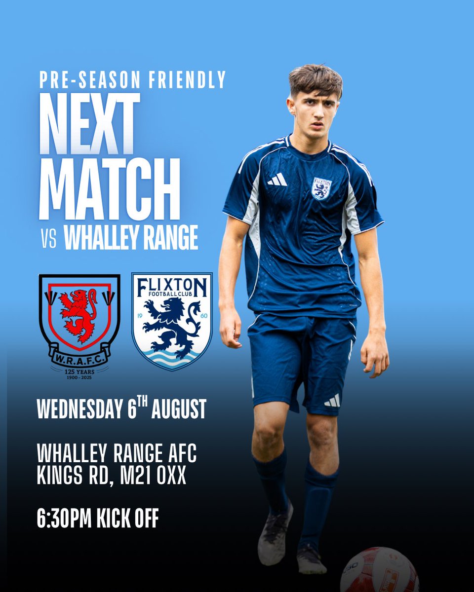 Flixton FC Official (@flixtonfcx) on Twitter photo Let’s go! We take on <a href="/WhalleyrangeAFC/">WhalleyrangeAFC</a> tomorrow in a friendly fixture. Another step in the journey 💙🤍
#UpTheFlixton🦁 Let’s go! We take on <a href="/WhalleyrangeAFC/">WhalleyrangeAFC</a> tomorrow in a friendly fixture. Another step in the journey 💙🤍
#UpTheFlixton🦁