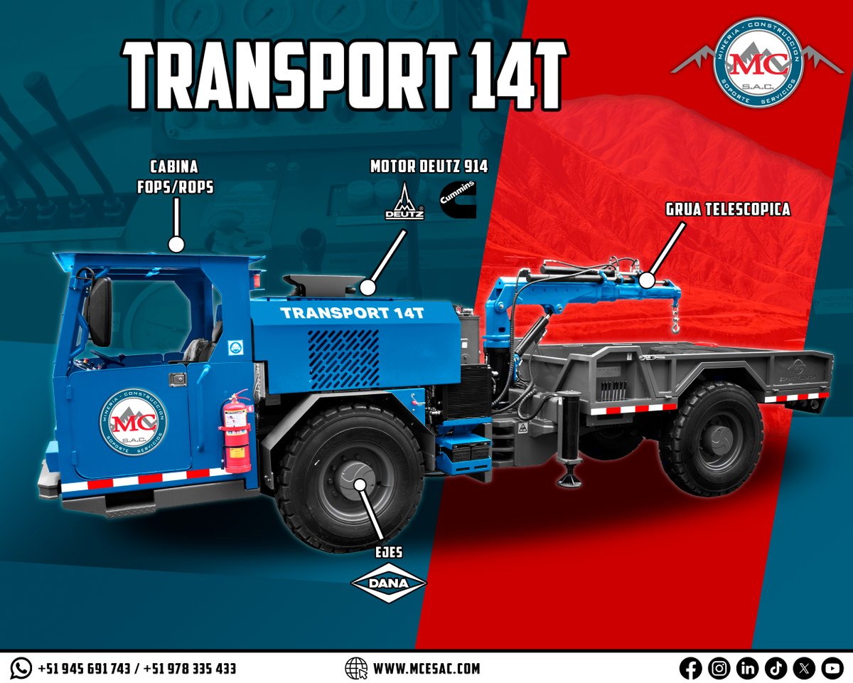 MCSSoficial's tweet image. 🚜 ¡Máxima potencia y versatilidad en cada operación! El TRANSPORT 14T cuenta con motor DEUTZ 914, ejes DANA, grúa telescópica y cabina FOPS/ROPS. Ideal para entornos exigentes.
#Transport14T #MCESAC #MineríaPeruana #PotenciaQueRinde
