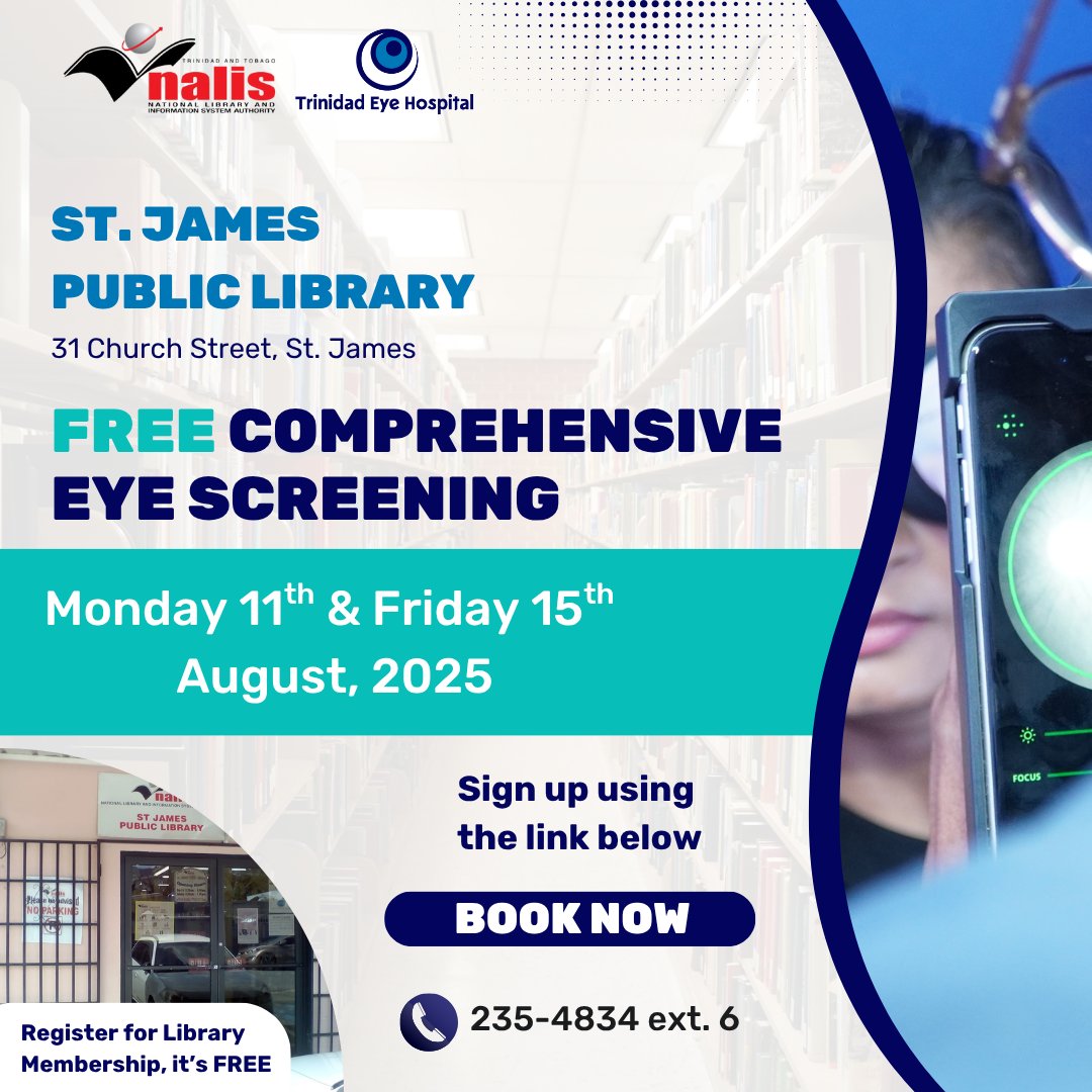 Here is your list of locations for August 2025 Free Eye Screenings.
You can get your eyes checked at:
Princes Town Public Library
Couva Public Library
St James Public Library

It’s completely free—but you must register here: forms.gle/j9QDsW79DWi2Cr…