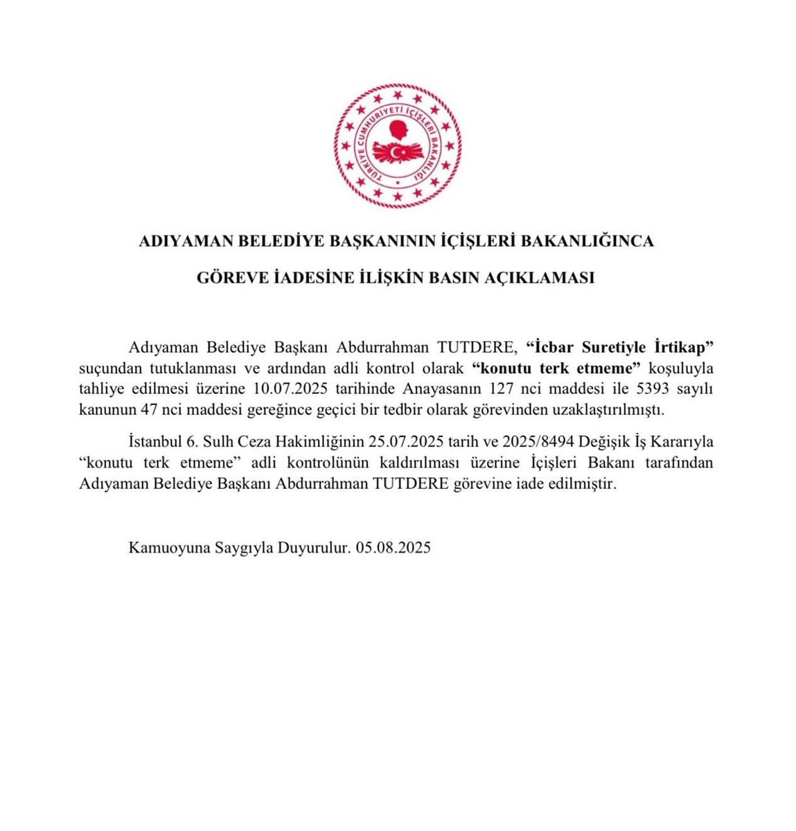 İskender YILDIRIM (@iskender_02) on Twitter photo En başından beri suçsuzluğuna kefil olduğumuz Adıyaman Belediye Başkanımız Sayın Av. Abdurrahman Tutdere görevine iade edilmiştir. Adıyaman halkının iradesinin ve demokrasiye olan inancın yeniden teyit edildiği bu sürecin hayırlı olmasını diliyorum. <a href="/avtutdere/">Abdurrahman TUTDERE</a> En başından beri suçsuzluğuna kefil olduğumuz Adıyaman Belediye Başkanımız Sayın Av. Abdurrahman Tutdere görevine iade edilmiştir. Adıyaman halkının iradesinin ve demokrasiye olan inancın yeniden teyit edildiği bu sürecin hayırlı olmasını diliyorum. <a href="/avtutdere/">Abdurrahman TUTDERE</a>