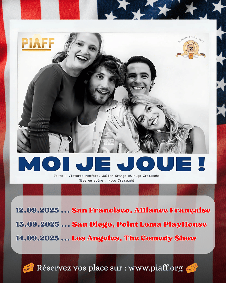piaff_ent's tweet photo. MOI JE JOUE - Quatre comédiens qui partagent une scène, un rêve sans filtre.

Venez découvrir une comédie où les rêves, les échecs et l’amitié s’entrechoquent avec tendresse et autodérision.

Une humour à la française , en plein cœur des US.

Réservez sur https://t.co/jGX0qoAB3G https://t.co/4cXGX6B8I3