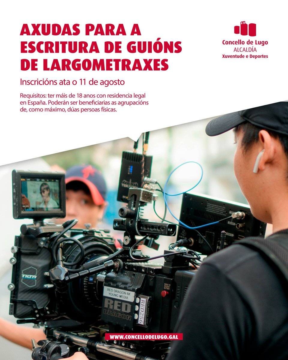 📹 A Dirección Xeral do Instituto da Cinematografía e das Artes Audiovisuais convoca unhas axudas para a escritura de guións de longametraxes cinematográficas.

💰 A contía da axuda é de 30.000 euros para proxectos de ficción e 20.000 para documentais.

🔗 acortar.link/lT8JOH