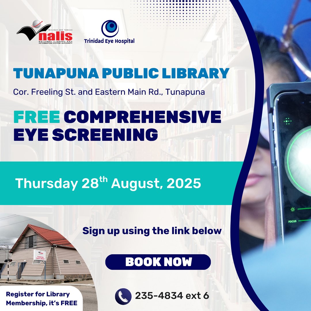 Continuation of locations for August 2025 Free Eye Screenings.
You can get your eyes checked at:
Diego Martin Public Library
Port of Spain Adult Library
Tunapuna Public Library

It’s completely free—but you must register here: forms.gle/j9QDsW79DWi2Cr…