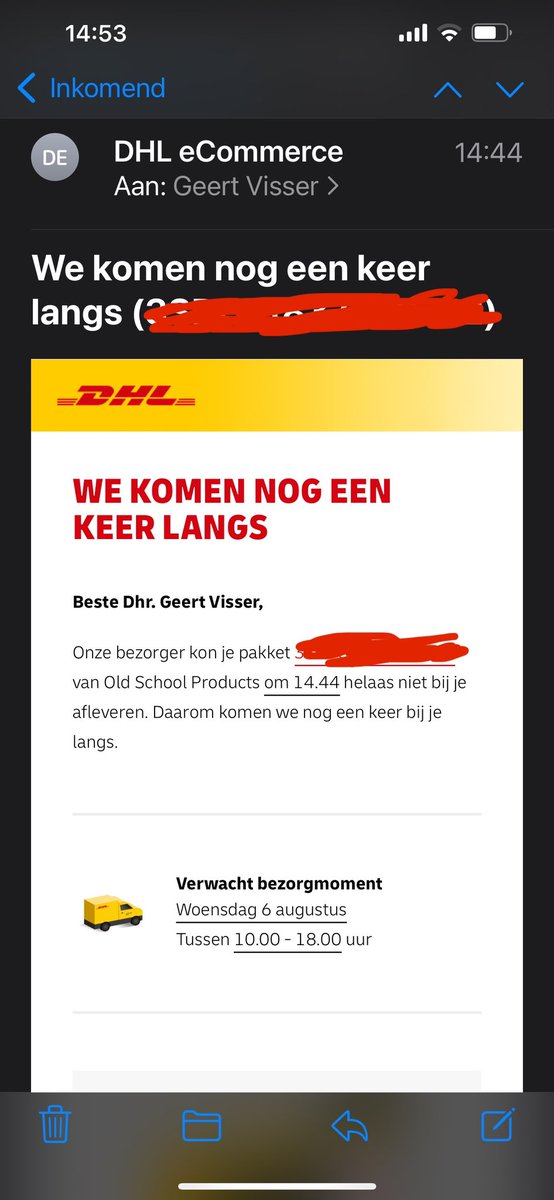 Wat een bullshit <a href="/DHLGlobal/">DHL Group</a> <a href="/DHLPaket/">DHL Paket</a> die chauffeur heeft gewoon geen zin! Er is niemand aan de deur geweest! Prutsers!!