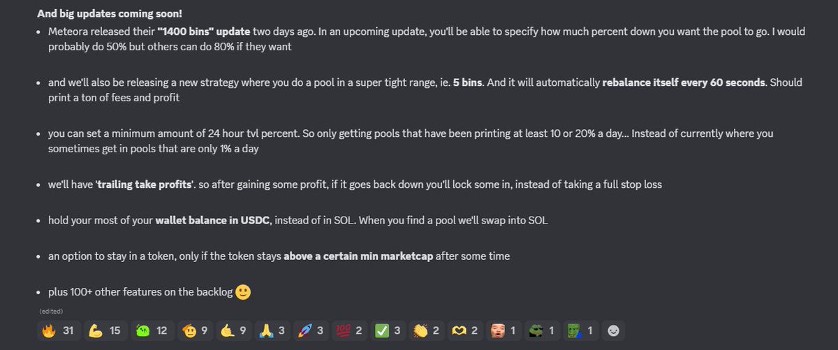 <a href="/MeteoraAG/">Meteora</a> has been advancing well with it's cool tech lately, and so are we!  

Big updates dropping 🔜 

- Soon, you'll be able to choose how much % down you want the pool to go, with the new 1400 bins update
- New strategy (refer to attachment) 👀
- Trailing TP feature coming
