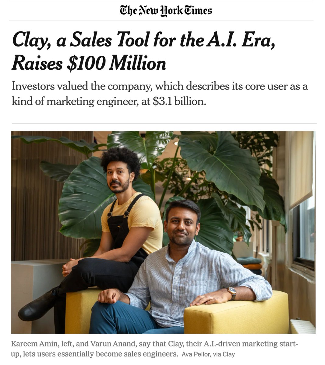 Clay (@clay_gtm) on Twitter photo Big news in the <a href="/nytimes/">The New York Times</a> today. @Clay_gtm just raised $100M at a $3.1B valuation to power today’s breakout AI-native job: GTM engineering 🚀
While some may debate which jobs AI will automate, we've been busy creating a new one that puts human creativity at the center.
GTM Big news in the <a href="/nytimes/">The New York Times</a> today. @Clay_gtm just raised $100M at a $3.1B valuation to power today’s breakout AI-native job: GTM engineering 🚀
While some may debate which jobs AI will automate, we've been busy creating a new one that puts human creativity at the center.
GTM