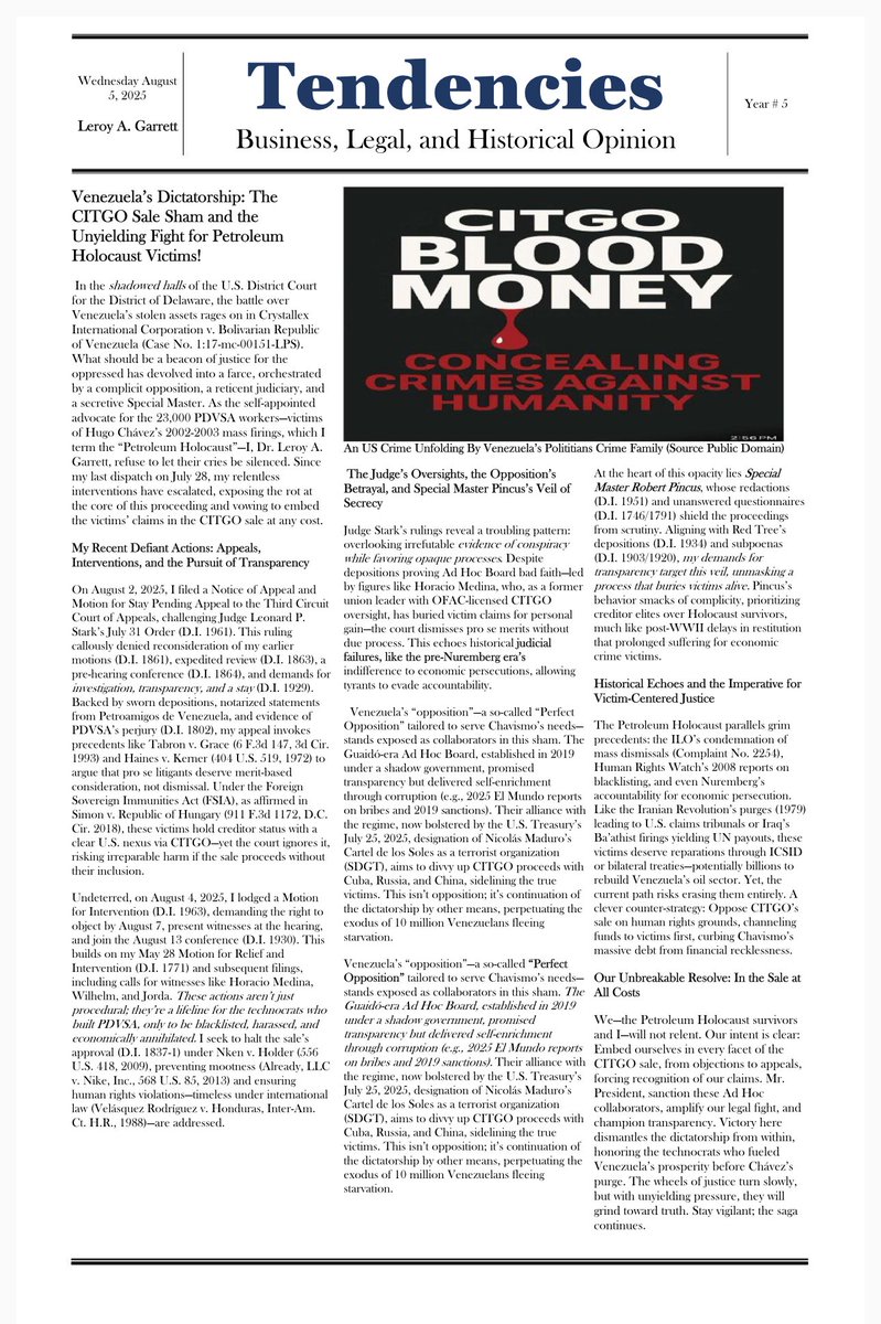 LeroGarrett's tweet image. #CALLTOACTION : A Cry for Justice Amid a Sham Sale
The CITGO sale case in Delaware’s federal court is no mere legal dispute—it’s a battleground where the soul of Venezuela’s future hangs in the balance. Dr. Leroy A. Garrett, a relentless pro se advocate for 23,000 victims of…