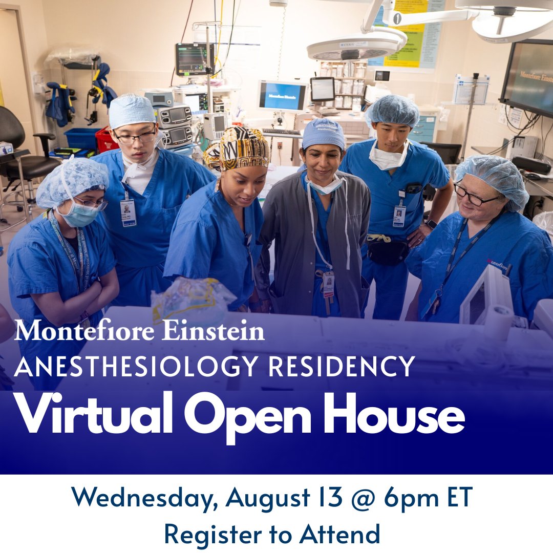 Montefiore Einstein Anesthesiology (@monteeinstanest) on Twitter photo Join us on Wed, August 13th at 6 pm ET for our first Residency Program Virtual Open House of the year! Hear from our PD Dr. Erik Romanelli & our Chief Residents and learn about what makes Monte unique.
Register in advance: einsteinmed.zoom.us/meeting/regist…
#Match2026 <a href="/MontefioreNYC/">Montefiore Health System</a> Join us on Wed, August 13th at 6 pm ET for our first Residency Program Virtual Open House of the year! Hear from our PD Dr. Erik Romanelli & our Chief Residents and learn about what makes Monte unique.
Register in advance: einsteinmed.zoom.us/meeting/regist…
#Match2026 <a href="/MontefioreNYC/">Montefiore Health System</a>