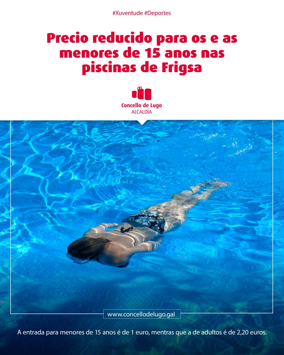 💧 Móllate, despexa a mente e goza do verán ☀️

As piscinas municipais de Frigsa contan cun prezo reducido para menores de 15 anos, onde poderedes gozar das instalacións por só 1 euro. A entrada para as persoas adultas é de 2,20 euros.

Agardámoste! 😎

#PiscinasFrigsa #Piscina