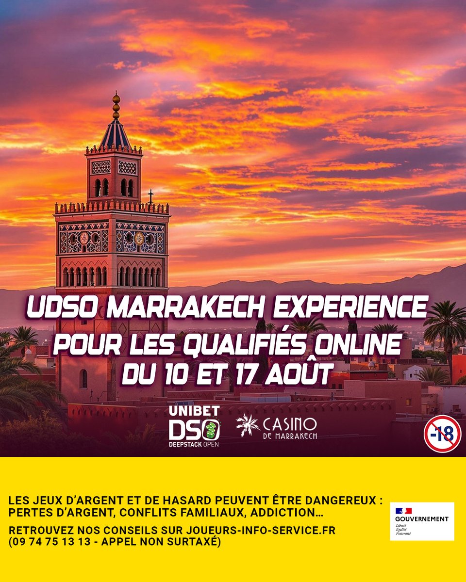 Unibet_Poker_Fr's tweet image. UDSO @DeepStackOpen Marrakech Experience 🇲🇦
Qualifies toi online ce dimanche 10 Aout ou le 17 Aout (sat à 50€ et 2 buy-in UDSO 550€ GTD chaque dimanche à 20h) et choisis comme destination Marrakech pour l'UDSO qui se déroulera du 12 au 21 Septembre, tu recevras en plus du…