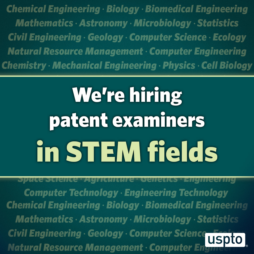 USPTO patent examiners get a preview of the latest inventions and cutting-edge technologies before the public—and we’re currently hiring them!  

If you have a STEM degree, check the job announcements for coursework qualifications. Apply now: bit.ly/patent-26