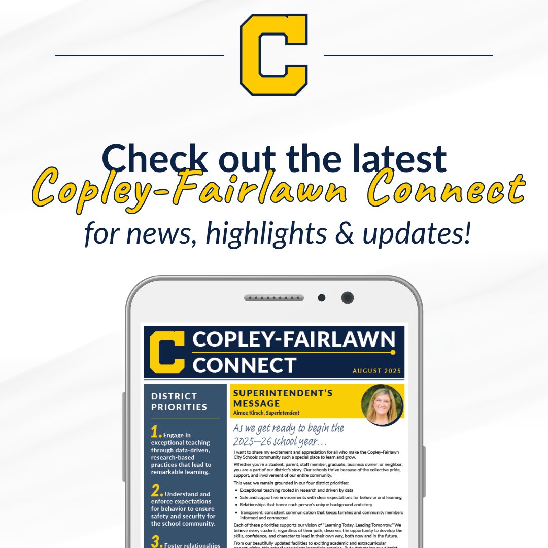 The August edition of Copley-Fairlawn Connect is here! Check it out in the link below.

Catch up on the latest news, important dates as we head back-to-school, and more. Don’t miss out—stay connected with all things CFCS!

ow.ly/Vk0650VVbnH