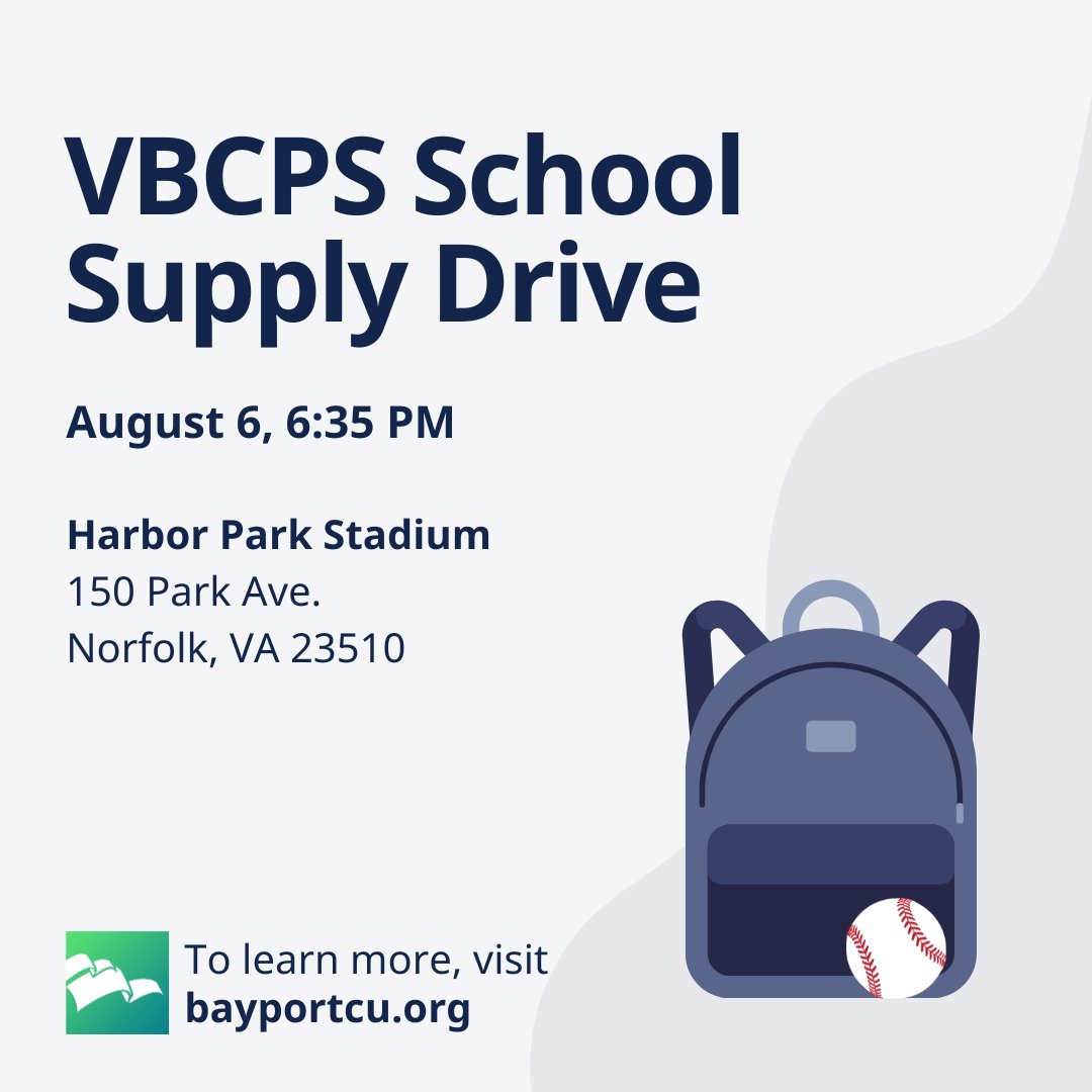 BayPort Credit Union (@bayportcu) on Twitter photo Join BayPort and the <a href="/NorfolkTides/">Norfolk Tides</a> at Harbor Park 📍 for the @VBSchools School Supply Drive! ⚾📚
Bring 10+ school supply items ✏️ to the Third Base or Home Plate entrances and score a FREE ticket voucher for a September home game! 🎟️
Learn more at events.bayportcu.org/school-supply-… Join BayPort and the <a href="/NorfolkTides/">Norfolk Tides</a> at Harbor Park 📍 for the @VBSchools School Supply Drive! ⚾📚
Bring 10+ school supply items ✏️ to the Third Base or Home Plate entrances and score a FREE ticket voucher for a September home game! 🎟️
Learn more at events.bayportcu.org/school-supply-…