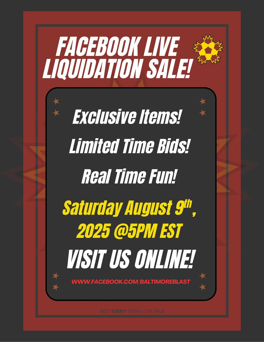 Don't miss our Facebook Live Liquidation Sale on Saturday, August 9th at 5PM EST! 🔥

Exclusive items, limited-time bids, and real-time fun await!

Join us at facebook.com/baltimoreblast and score big while supplies last!!