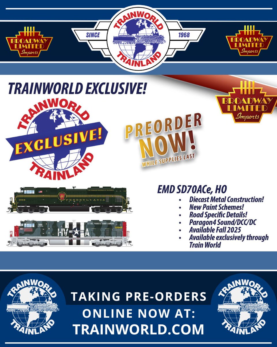 TrainWorld.com (@trainworld) on Twitter photo We’re excited to announce our continued partnership with <a href="/BLITrains/">Broadway Ltd Imports</a> with two exciting TrainWorld Exclusive schemes for their HO SD70ACEs! 🤩
PreOrder today at TrainWorld.com! tinyurl.com/mvshmutb
#broadwaylimited #hoscale #SD70ACE #diesel #trainworldexclusive #PRR We’re excited to announce our continued partnership with <a href="/BLITrains/">Broadway Ltd Imports</a> with two exciting TrainWorld Exclusive schemes for their HO SD70ACEs! 🤩
PreOrder today at TrainWorld.com! tinyurl.com/mvshmutb
#broadwaylimited #hoscale #SD70ACE #diesel #trainworldexclusive #PRR