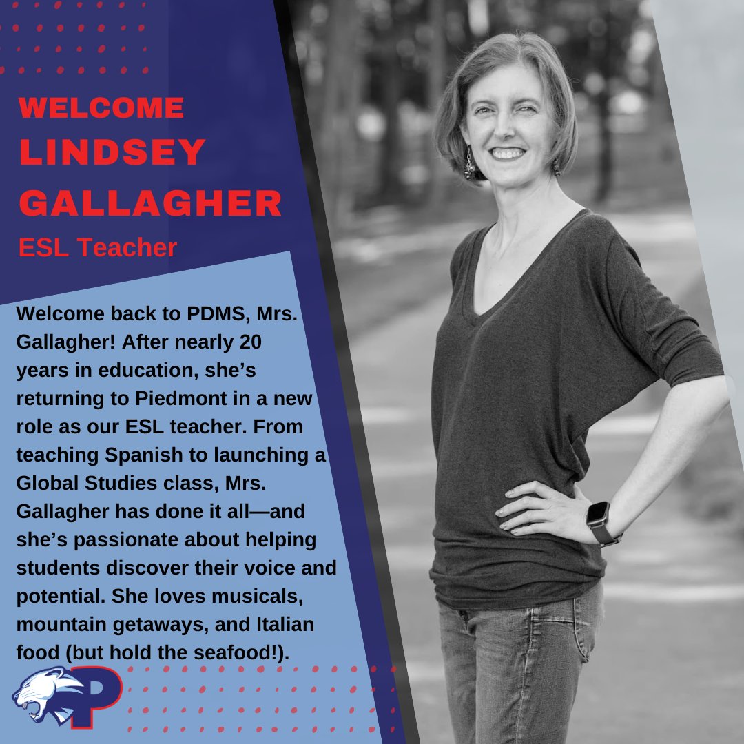 Piedmont Middle School (@piedmontmsnc) on Twitter photo 🎉 Excited to welcome back Mrs. Lindsey Gallagher as our new ESL teacher at PDMS! With 20 years in UCPS, she's ready to inspire our multilingual learners. Welcome back, Mrs. Gallagher! 🌍📚 #PDMSPanthers #PantherPride #PantherStrong #MeetThePanthers <a href="/AGHoulihan/">Andrew G. Houlihan</a> <a href="/UCPSNC/">Union County Public Schools</a> 🎉 Excited to welcome back Mrs. Lindsey Gallagher as our new ESL teacher at PDMS! With 20 years in UCPS, she's ready to inspire our multilingual learners. Welcome back, Mrs. Gallagher! 🌍📚 #PDMSPanthers #PantherPride #PantherStrong #MeetThePanthers <a href="/AGHoulihan/">Andrew G. Houlihan</a> <a href="/UCPSNC/">Union County Public Schools</a>
