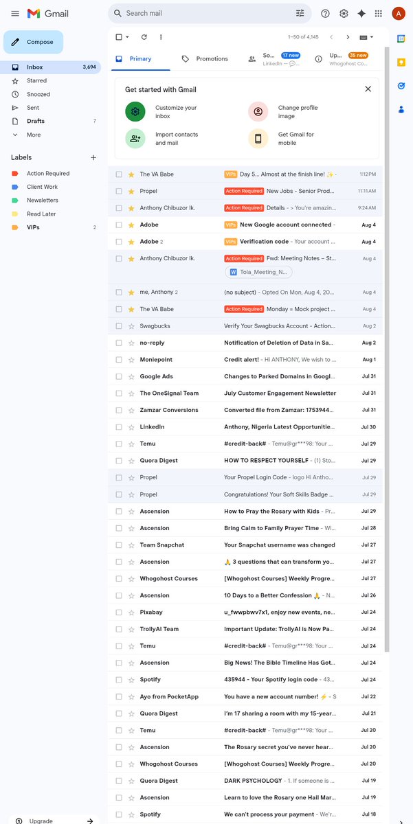 anthxnee_'s tweet image. Inbox management? Say less. Gave my inbox a full VA glow-up — filters, folders, and that clean signature touch. ✨📥
@AlabaUmar_ check this out. I did the thing! 🔥

#MockVAProject Day 5

I also did a little thread below.🙂‍↕️