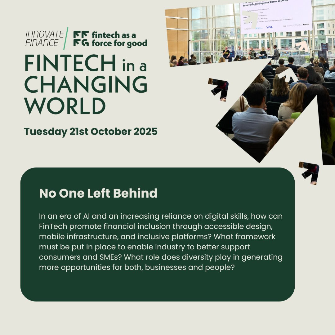 InnFin's tweet image. Secure your ticket(s) now for #FinTechInAChangingWorld  and you can join us for pivotal sessions such as: No One Left Behind 👋
📅 21st October
📍 @ChicagoBooth, London
Don’t miss it. The future of #UKFinTech starts here 👇
🔗 hubs.ly/Q03Bh9CY0