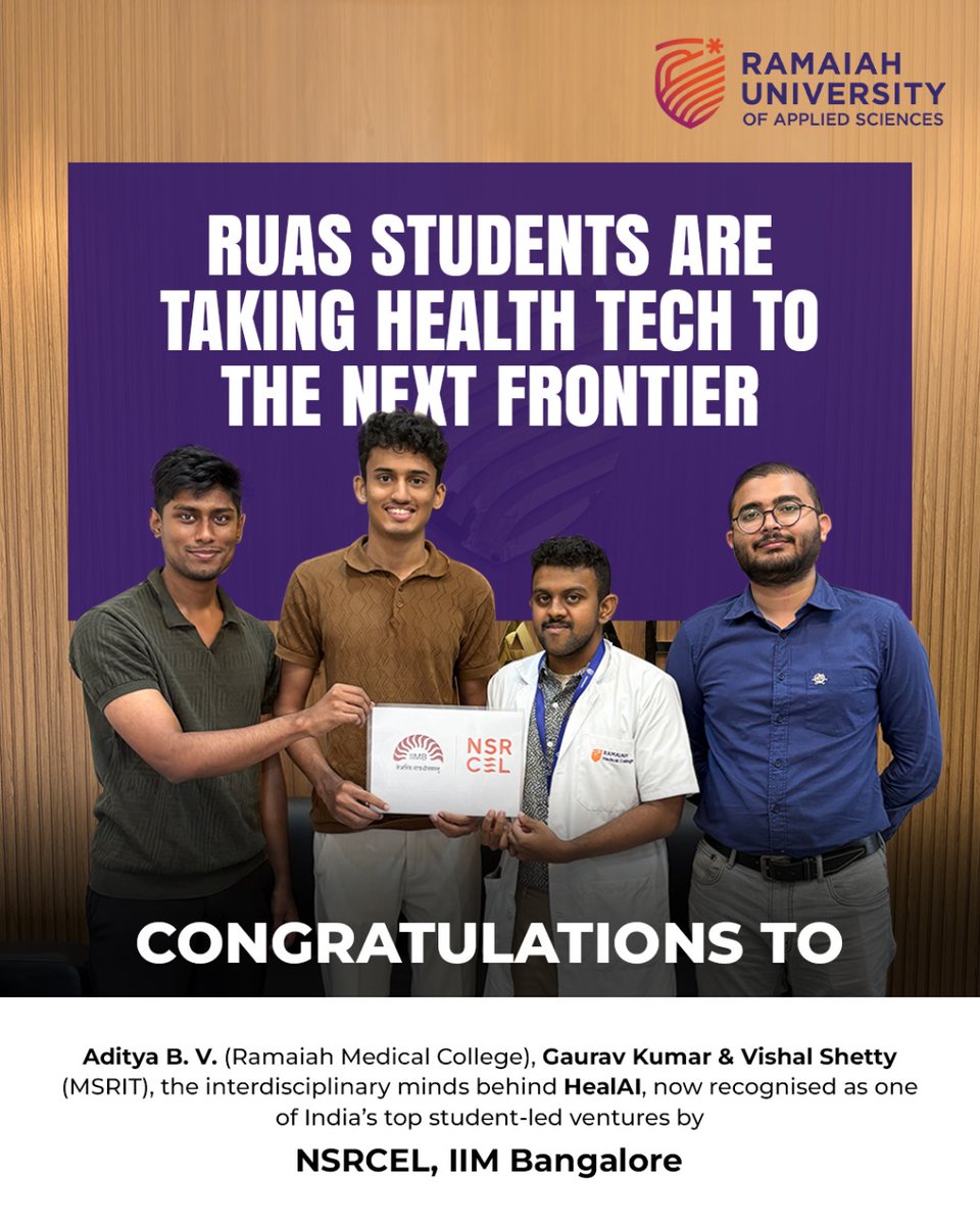 MSRUAS's tweet photo. HealAI, a student-led startup from #RUAS, has been selected for the prestigious #NSRCEL Campus Founders Program at #IIMBangalore. Using #AI to tackle diabetic foot ulcers, the venture began at Hult Prize RUAS and is now gaining national recognition for impactful innovation. https://t.co/bRYiGDj6wZ