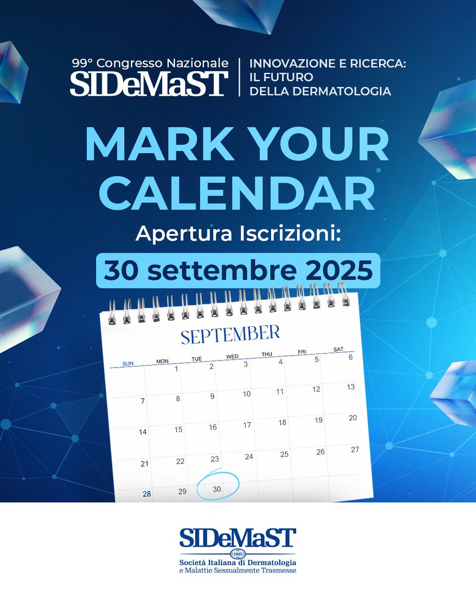 📅 Dal 30 settembre 2025 apriranno le iscrizioni al 99° Congresso SIDeMaST!
🖱️ Sito ufficiale online a breve: potrai registrarti, consultare le quote e scoprire il programma.
📍 21–24 aprile 2026, Palacongressi di Rimini. Join us!
#SIDeMaST2026 #dermatologia #ricerca #innovazione