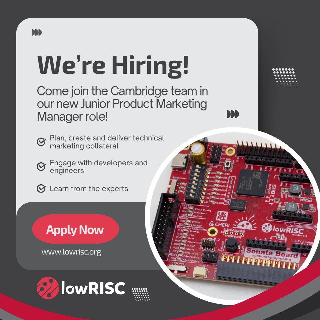 lowRISC's tweet image. Don&apos;t miss your opportunity to join the lowRISC team as a Junior Product Marketing Manager. Apply today and help the team plan, create and deliver technical marketing collateral that showcases lowRISC’s open source designs and products: bit.ly/455ElhP