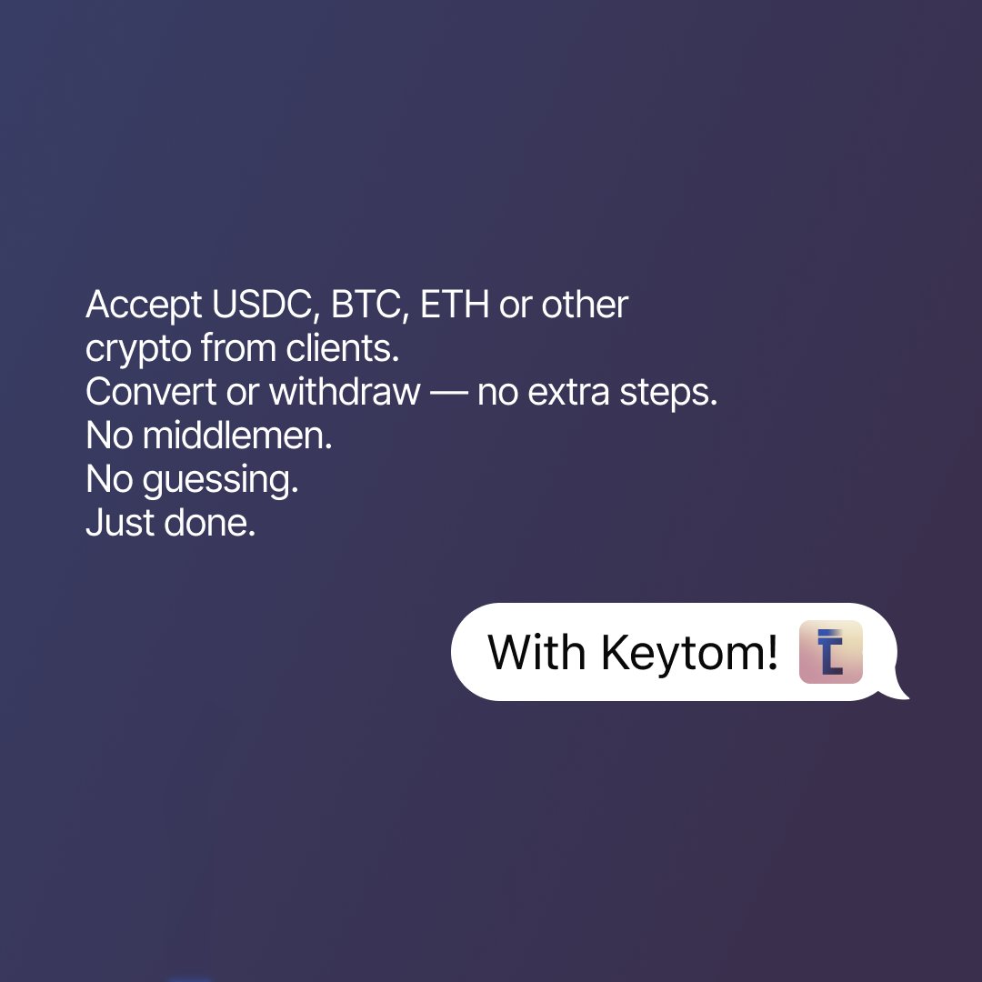 keytom_com's tweet image. 📈 More and more clients are paying in crypto — and it doesn’t have to be a mess.

 Keytom makes it simple to accept crypto:
 – No account setup stress
 – No shady exchanges
 – No &quot;maybe this works?&quot;

💬 Already using crypto for work? Share your story 👇
#Keytom #cryptocurrency