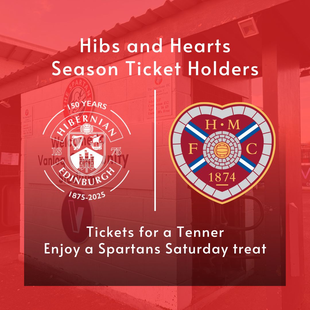 The Spartans FC (@spartansfc) on Twitter photo 🤝 With fellow Capital clubs <a href="/HibernianFC/">Hibernian Football Club</a> & <a href="/JamTarts/">Heart of Midlothian FC</a> not in SPFL action until Sunday, we're offering Tickets for a Tenner to our game v Dumbarton to Season Ticket holders of each club.
Present your Hibee or JT Season Ticket at the gate, claim your discount & enjoy the game! 🤝 With fellow Capital clubs <a href="/HibernianFC/">Hibernian Football Club</a> & <a href="/JamTarts/">Heart of Midlothian FC</a> not in SPFL action until Sunday, we're offering Tickets for a Tenner to our game v Dumbarton to Season Ticket holders of each club.
Present your Hibee or JT Season Ticket at the gate, claim your discount & enjoy the game!