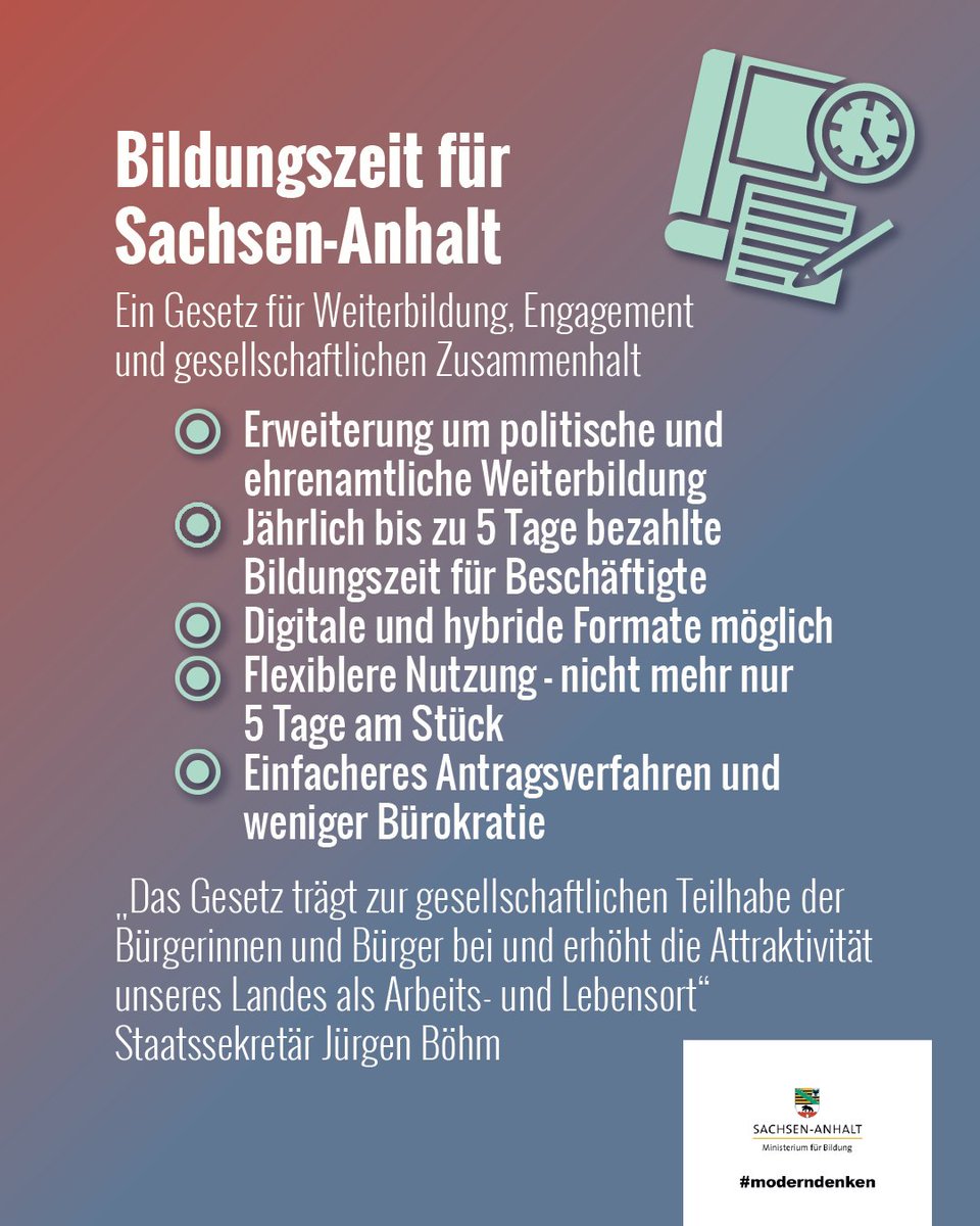 <a href="/sachsenanhalt/">Sachsen-Anhalt</a> bringt ein neues #Bildungszeitgesetz auf den Weg. Es erweitert die bezahlte Freistellung um politische und ehrenamtliche #Weiterbildung – flexibel, #digital und zeitgemäß.💼📚  Mehr unter 👉 lsaurl.de/6ACzgN /lz