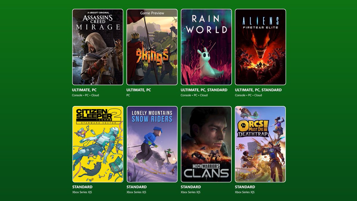 Primera oleada de agosto en Xbox #GamePass 

· Rain World - 5/8
· Citizen Sleeper 2 - 6/8
· Lonely Mountains: Snow Riders - 6/8
· MechWarrior 5: Clans. - 6/8
· Orcs Must Die! Deathtrap - 6/8
· Assassin’s Creed Mirage - 7/8
· Aliens: Fireteam Elite - 12/8
· 9 Kings - 14/8

Detalle