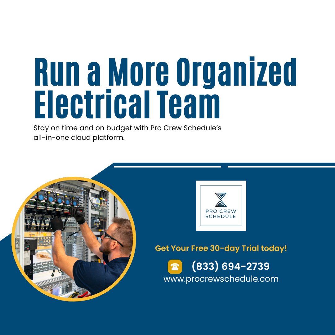 Pro Crew Schedule (@procrewschedule) on Twitter photo ⚡ Keep your electrical contracting business fully charged with <a href="/procrewschedule/">Pro Crew Schedule</a>!
📲 Real-time scheduling
📋 Easy checklists & dispatch notes
🕒 Built-in time tracking
Access everything, from anywhere.
✨ Take control today: procrewschedule.com/sign-up-30-day…
#ElectricalContractor ⚡ Keep your electrical contracting business fully charged with <a href="/procrewschedule/">Pro Crew Schedule</a>!
📲 Real-time scheduling
📋 Easy checklists & dispatch notes
🕒 Built-in time tracking
Access everything, from anywhere.
✨ Take control today: procrewschedule.com/sign-up-30-day…
#ElectricalContractor
