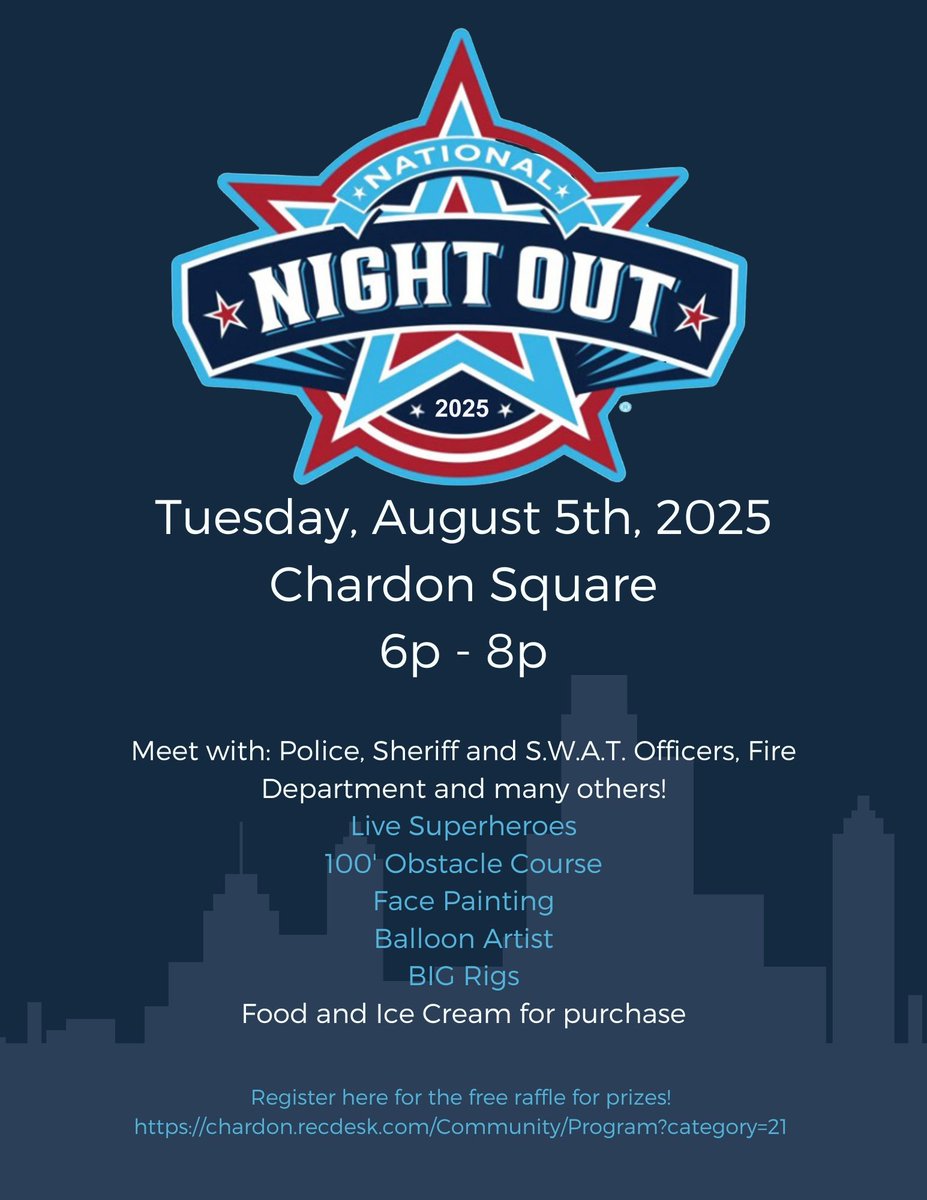 City of Chardon (@cityofchardon) on Twitter photo See you TONIGHT for #NationalNightOut! Visit with <a href="/PoliceChardon/">Chardon Police</a> <a href="/chardonfire/">Chardon Fire Dept, OH</a> <a href="/GeaugaSheriff/">Geauga Co. Sheriff</a> & more!
Superheroes🦸, face painting, balloons🎈, BIG rigs, GIANT obstacle course & raffle🎟️ !
Come HUNGRY! <a href="/SwensonsDriveIn/">Swensons Drive-In</a> food truck & King Kone will have snacks for purchase!🍔🥤🍦 See you TONIGHT for #NationalNightOut! Visit with <a href="/PoliceChardon/">Chardon Police</a> <a href="/chardonfire/">Chardon Fire Dept, OH</a> <a href="/GeaugaSheriff/">Geauga Co. Sheriff</a> & more!
Superheroes🦸, face painting, balloons🎈, BIG rigs, GIANT obstacle course & raffle🎟️ !
Come HUNGRY! <a href="/SwensonsDriveIn/">Swensons Drive-In</a> food truck & King Kone will have snacks for purchase!🍔🥤🍦