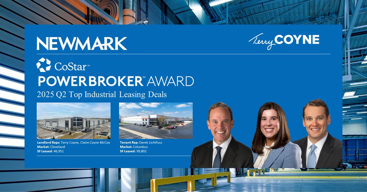 I am proud to announce that Claire Coyne McCoy, Derek Lichtfuss, and I have been recognized as Q2 2025 CoStar Power Broker winners.

Claire and I were recognized for closing a top industrial leasing deal as landlord representatives in the Cleveland, OH market, totaling 46,951 SF.