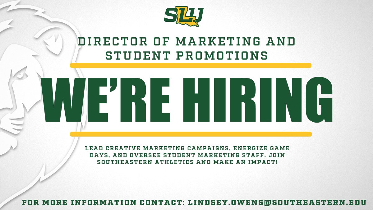 We’re hiring a Director of Marketing &amp; Student Promotions!
Lead creative campaigns, energize game days, and shape the student experience.

Apply Now: ulsselu.wd1.myworkdayjobs.com/en-US/SLU/deta…

#LionUp