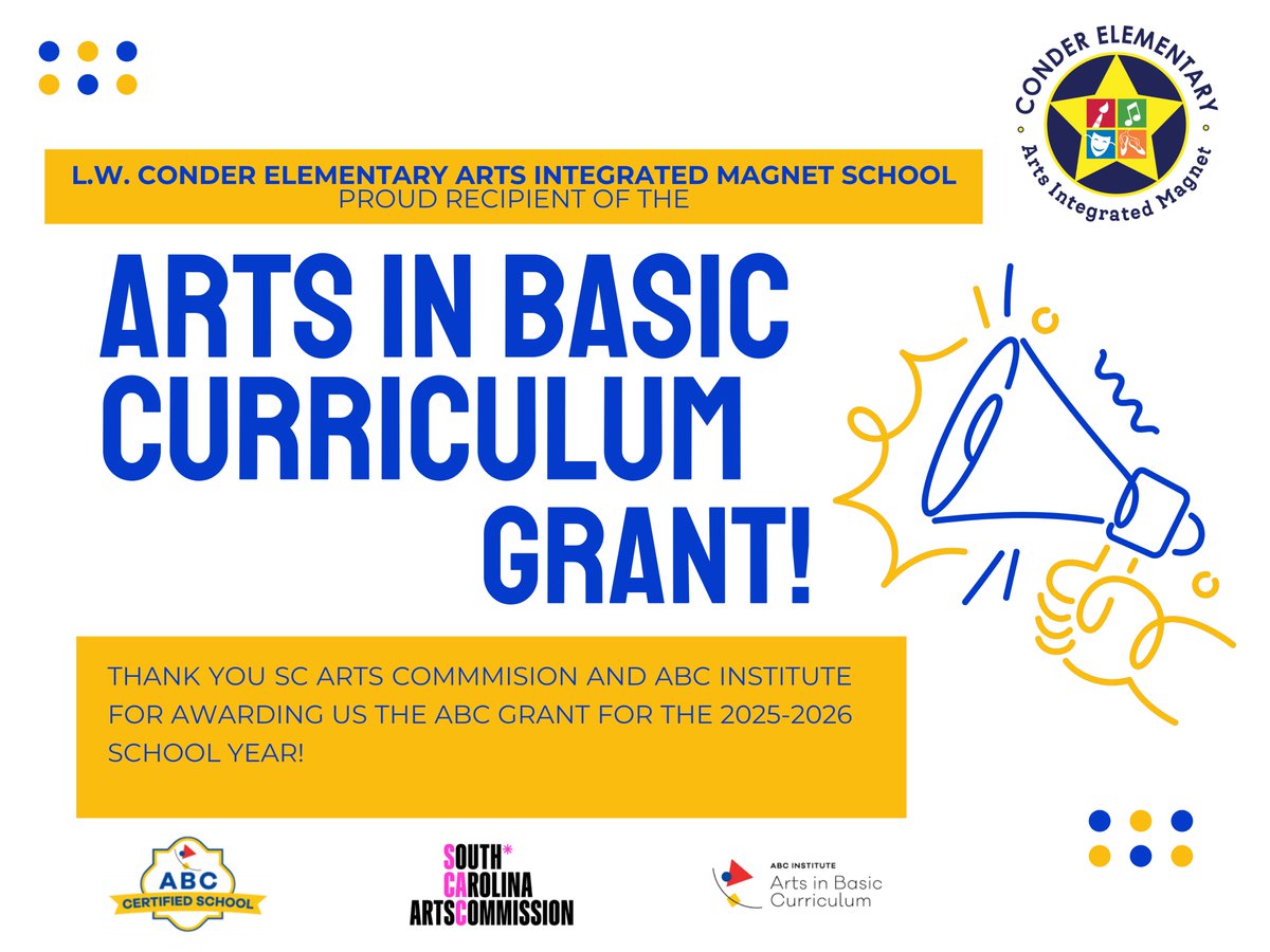 Conder Arts Integrated Magnet School (@conderstars) on Twitter photo Thank you SC Arts Commission & ABC Institute for the ABC Grant! Excited to enhance arts in our curriculum for 2025-26. #ABCGrant #ConderStars
<a href="/RichlandTwo/">Richland School District Two</a> Thank you SC Arts Commission & ABC Institute for the ABC Grant! Excited to enhance arts in our curriculum for 2025-26. #ABCGrant #ConderStars
<a href="/RichlandTwo/">Richland School District Two</a>