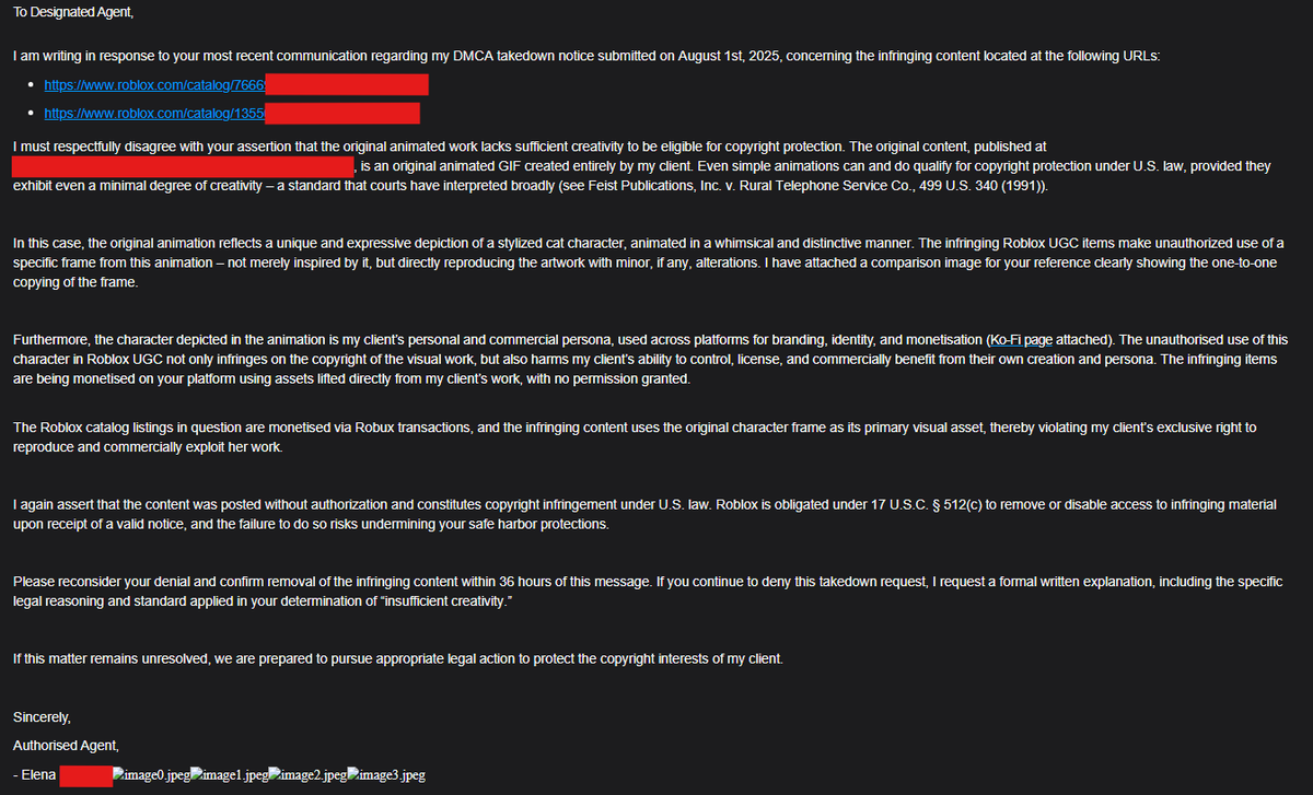 apparently roblox can now decide whether your art is "sufficiently creative to qualify for robust copyright protection" or not.

this is the stupidest claim i've ever seen after sending a DMCA takedown request. i cannot believe that i have to explain this to them.