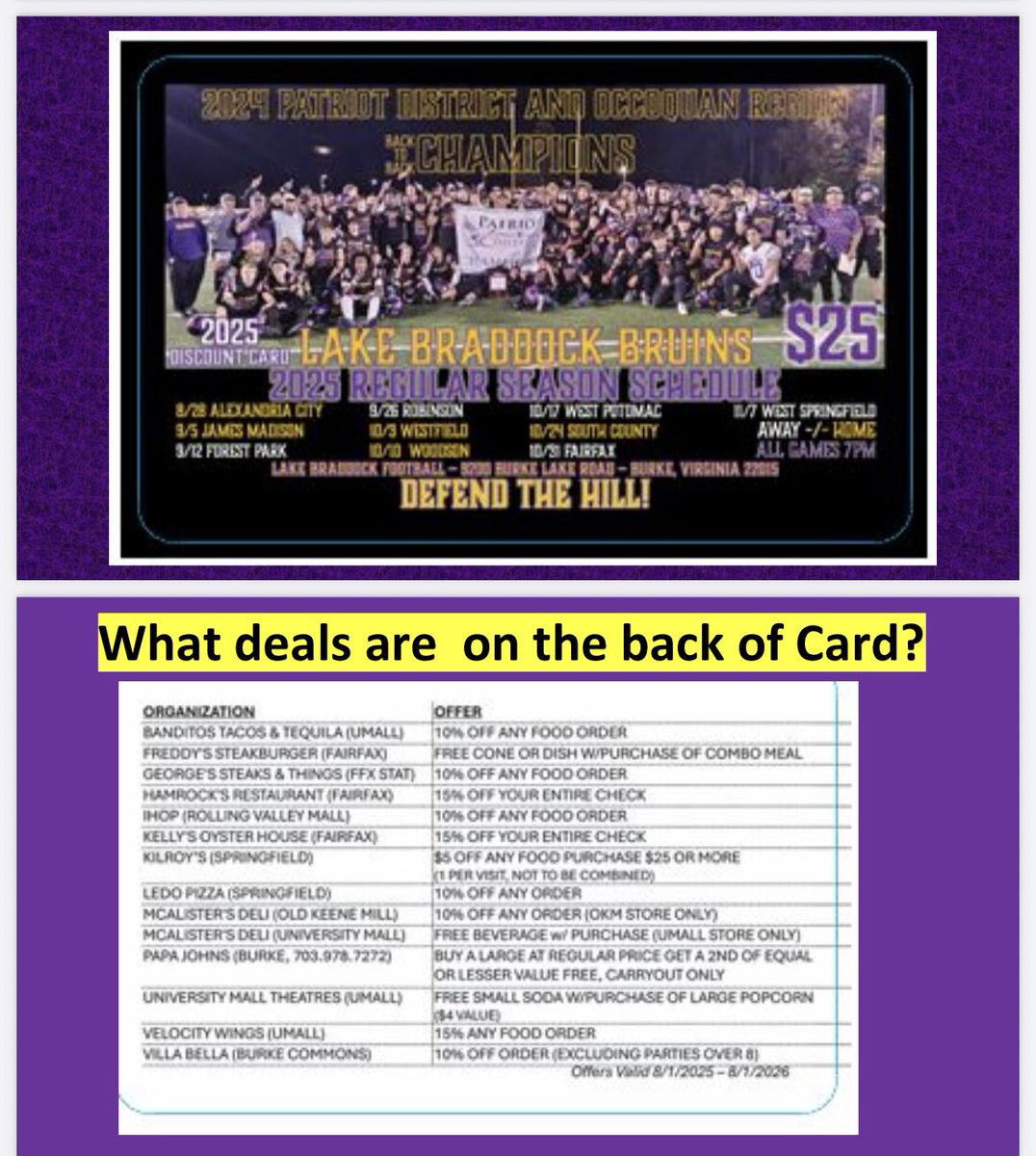 Coach Doc (@mdoc376) on Twitter photo Support your local <a href="/LakeBraddockFB/">Lake Braddock π</a> player and get your discount card today. Lots of great deals for an entire year for only $25. We appreciate your support. <a href="/FCPSLBSS/">Lake Braddock SS</a> <a href="/LBathletic/">LB Bruins Athletics</a> <a href="/bruins_atp/">LB Athletic Training</a> <a href="/bruin_boosters/">Bruin Boosters - Lake Braddock</a> Support your local <a href="/LakeBraddockFB/">Lake Braddock π</a> player and get your discount card today. Lots of great deals for an entire year for only $25. We appreciate your support. <a href="/FCPSLBSS/">Lake Braddock SS</a> <a href="/LBathletic/">LB Bruins Athletics</a> <a href="/bruins_atp/">LB Athletic Training</a> <a href="/bruin_boosters/">Bruin Boosters - Lake Braddock</a>