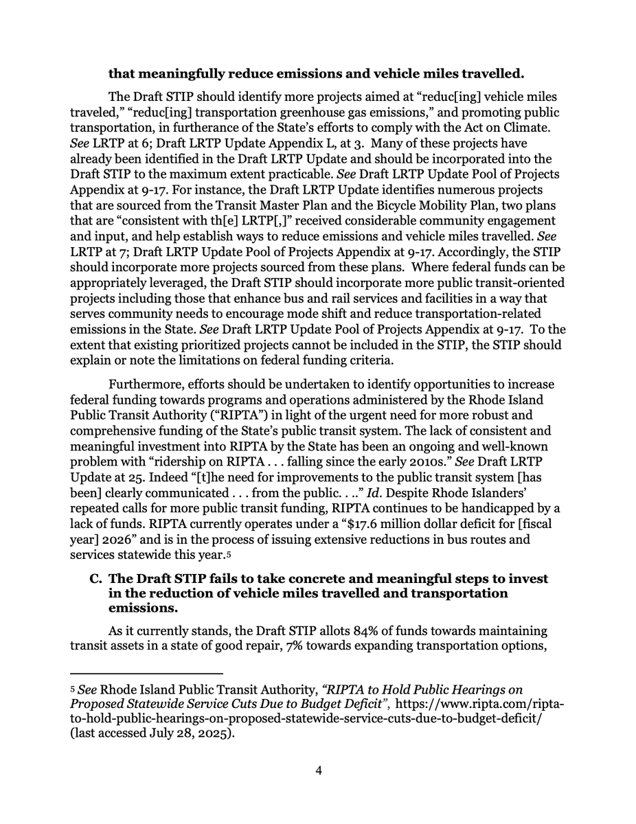 PVDStreets's tweet image. "The Draft STIP fails to take concrete and meaningful steps to invest in the reduction of vehicle miles travelled and transportation emissions."

Deeply appreciating this 7-page letter from @AGNeronha on how @RIDOTNews does not care about the #ActonClimate