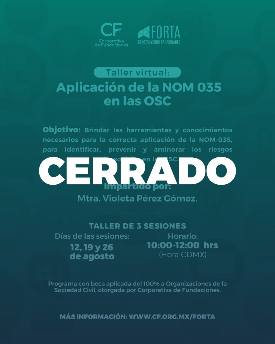 ¡Cierre de registro para taller!

Participa en nuestro Programa de FORTA para OSC: forta.cf.org.mx

#𝗖𝗙ortaletuOSC