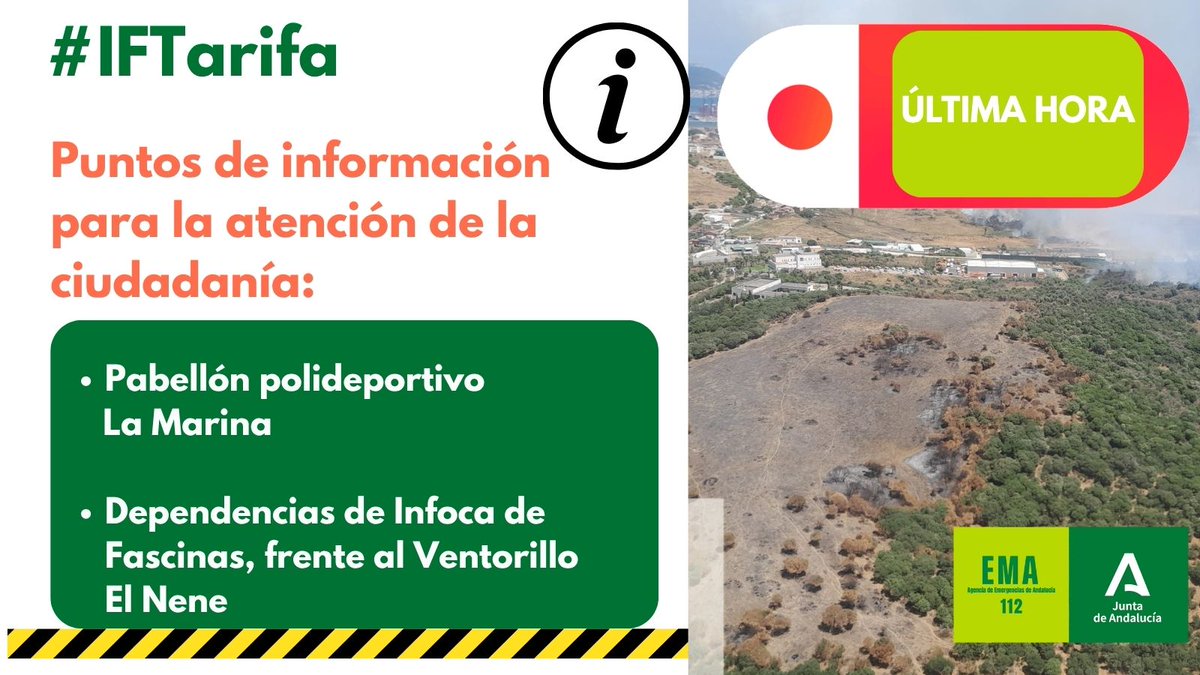 EMA 112 (@e112andalucia) on Twitter photo #ÚLTIMAHORA #IFTarifa📣Se han instalado dos puntos de atención a la ciudadanía :
➡️Pabellón polideportivo La Marina
➡️Dependencias de <a href="/Plan_INFOCA/">EMA INFOCA</a> de Fascinas frente el Ventorillo El Nene #ÚLTIMAHORA #IFTarifa📣Se han instalado dos puntos de atención a la ciudadanía :
➡️Pabellón polideportivo La Marina
➡️Dependencias de <a href="/Plan_INFOCA/">EMA INFOCA</a> de Fascinas frente el Ventorillo El Nene