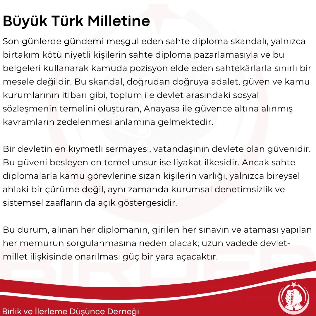 BİRDER (@bir__der) on Twitter photo Büyük Türk Milletine
Son günlerde gündemi meşgul eden sahte diploma skandalı, yalnızca birtakım kötü niyetli kişilerin sahte diploma pazarlamasıyla ve bu belgeleri kullanarak kamuda pozisyon elde eden sahtekârlarla sınırlı bir mesele değildir. Bu skandal, doğrudan doğruya Büyük Türk Milletine
Son günlerde gündemi meşgul eden sahte diploma skandalı, yalnızca birtakım kötü niyetli kişilerin sahte diploma pazarlamasıyla ve bu belgeleri kullanarak kamuda pozisyon elde eden sahtekârlarla sınırlı bir mesele değildir. Bu skandal, doğrudan doğruya