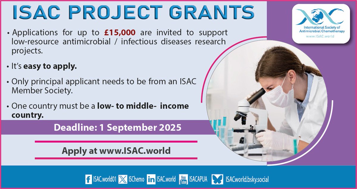 JGAR_ISAC (@jgar_isac) on Twitter photo 🧪 ISAC Project Grant 2025 – Up to £15,000 available!
📅 Deadline: 1 September 2025
📍 Apply now: ISAC.world
Are you working on a research project that can make a real difference in global infectious diseases?
📧 Submit all documents to: secretariat@ISAC.world 🧪 ISAC Project Grant 2025 – Up to £15,000 available!
📅 Deadline: 1 September 2025
📍 Apply now: ISAC.world
Are you working on a research project that can make a real difference in global infectious diseases?
📧 Submit all documents to: secretariat@ISAC.world