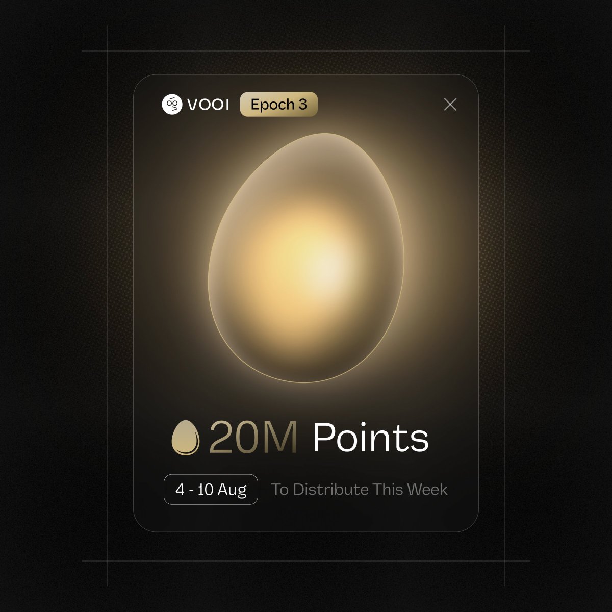 Epoch 3 on <a href="/vooi_io/">vooi</a> just dropped and it's time to farm hard 🥚🔥

🔸 20M points being distributed between Aug 4–10:

- 10M for Perps Trading on VOOI Light
- 6M for Cross-Chain Swaps (manual or in-trade)
- 4M for Perps Trading on VOOI Pro

Been actively trading and swapping, and