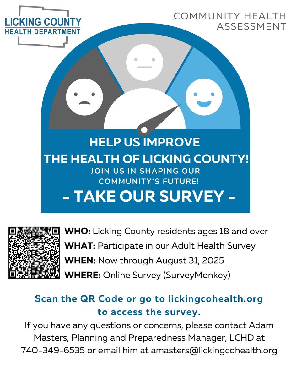 The Licking County Health Department is looking for adult residents to fill out their Adult Health Survey! 
This survey closes on August 31st and only takes a handful of minutes to complete. 
Visit lickingcohealth.org to learn more