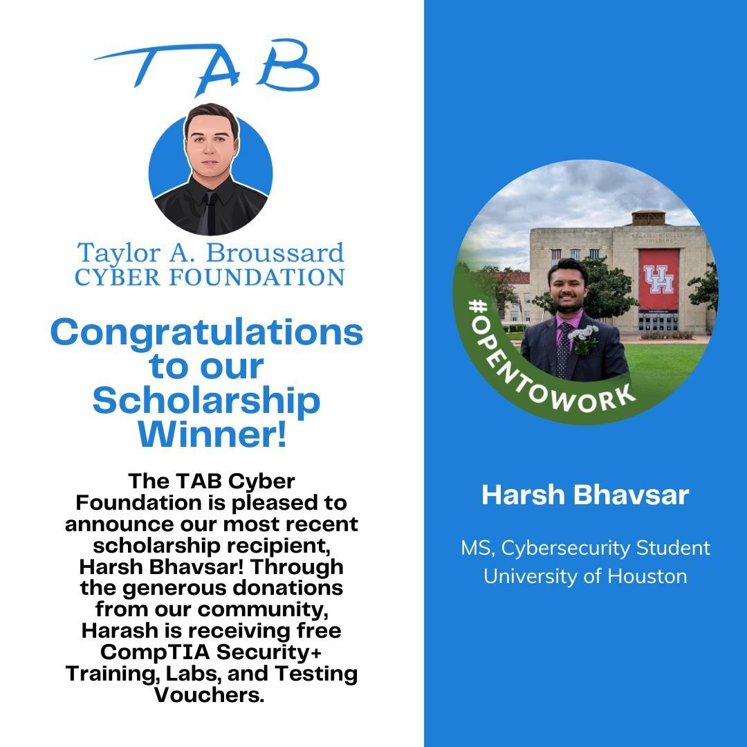 Congratulations to Harsh Bhavsar!

We’re excited to share that Harsh is our first HSC User Group raffle winner and the latest recipient of a TAB Cyber Foundation Scholarship! Harsh has been awarded a full CompTIA Security+ certification package, which consists of comprehensive
