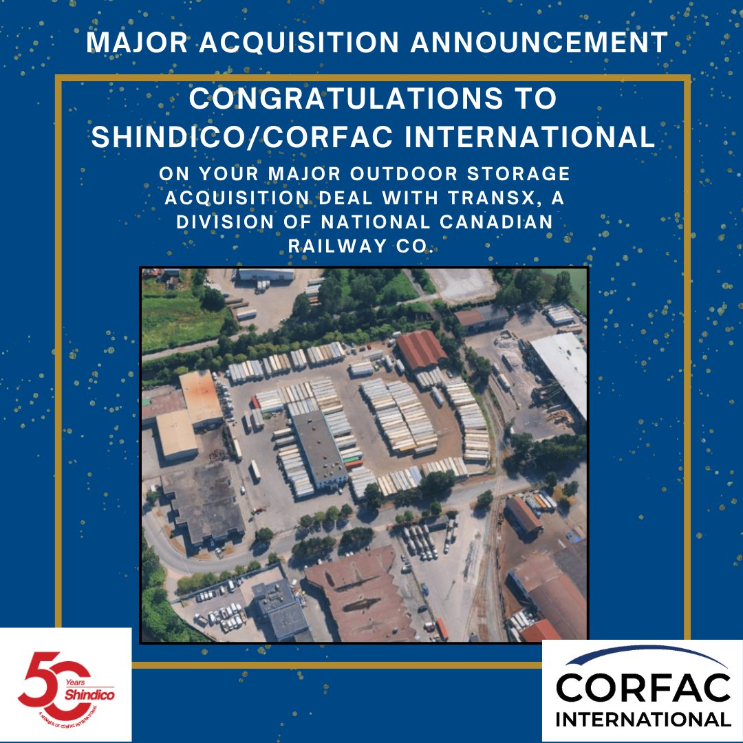 🎊Congratulations to CORFAC International affiliate, @shindico on their recent acquisition of nine industrial outdoor storage (IOS) assets occupied by TransX, a division of Canadian National Railway Co. 

READ MORE ➡️ ow.ly/3U5050Wy7if

#CORFAC #thinkCORFACfirst